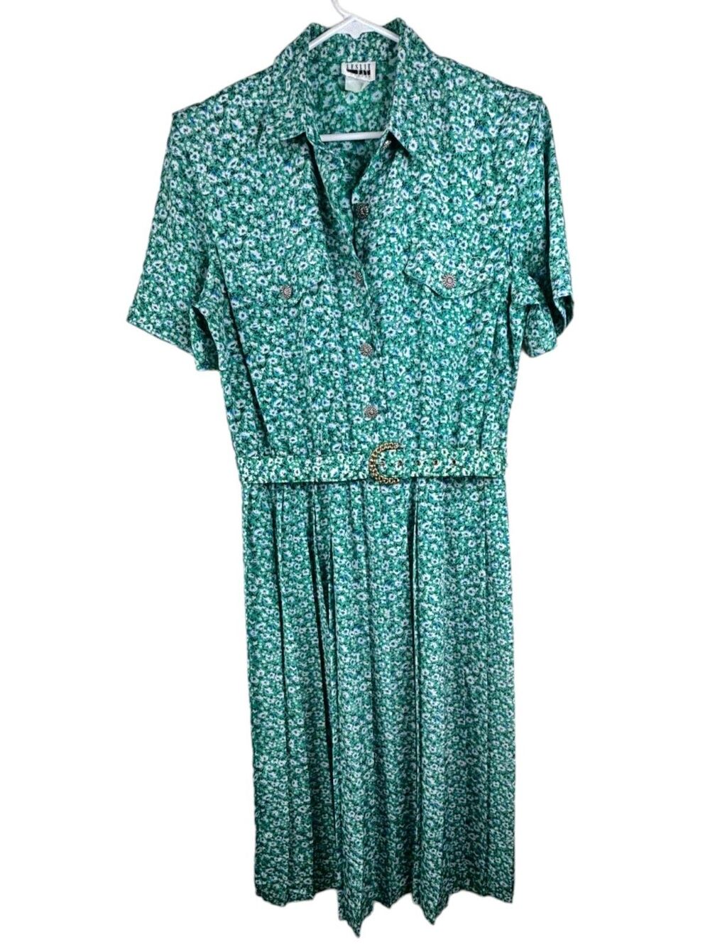 Leslie Fay Vintage Green Floral Pleated Midi Dress Belted Short Sleeve Collared